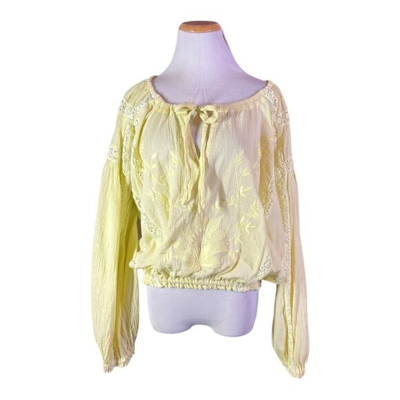 Free People Size XS Maria Embroidered Top Pale Yellow Cropped Blouse Lace - Picture 1 of 13